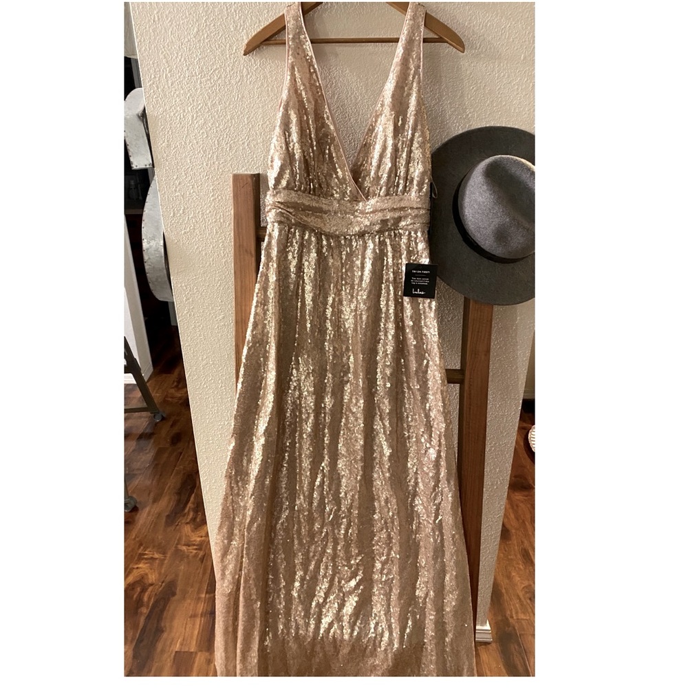 NWT Lulus Rose Gold sequin full length dress